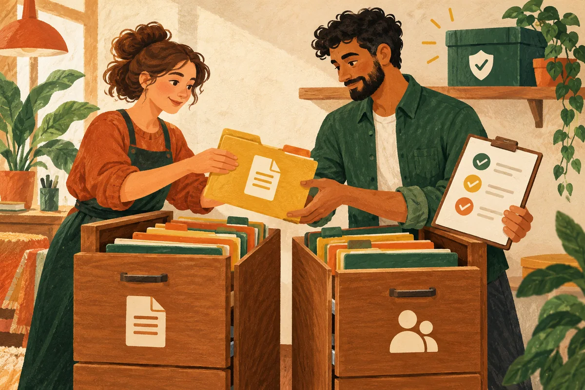 Colleagues compare customer folders before moving records, with a separate backup box on the shelf.