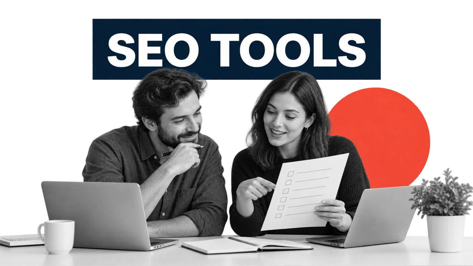 Fictional small-business colleagues two colleagues choosing which SEO tasks need free or paid tools from a worksheet