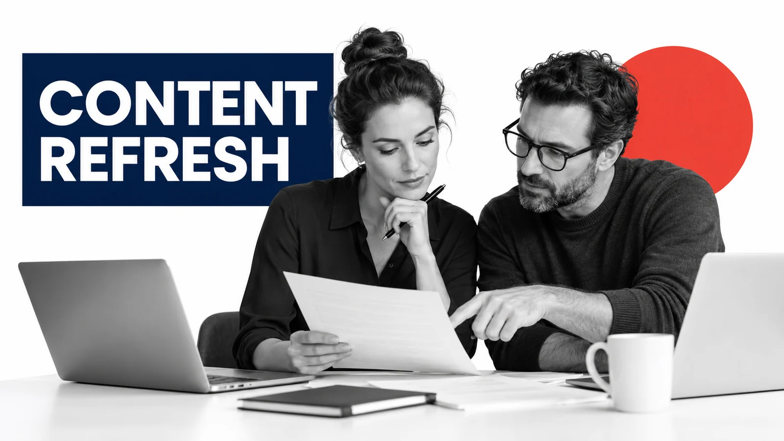 Fictional small-business colleagues two editors checking outdated claims and sources on an article proof
