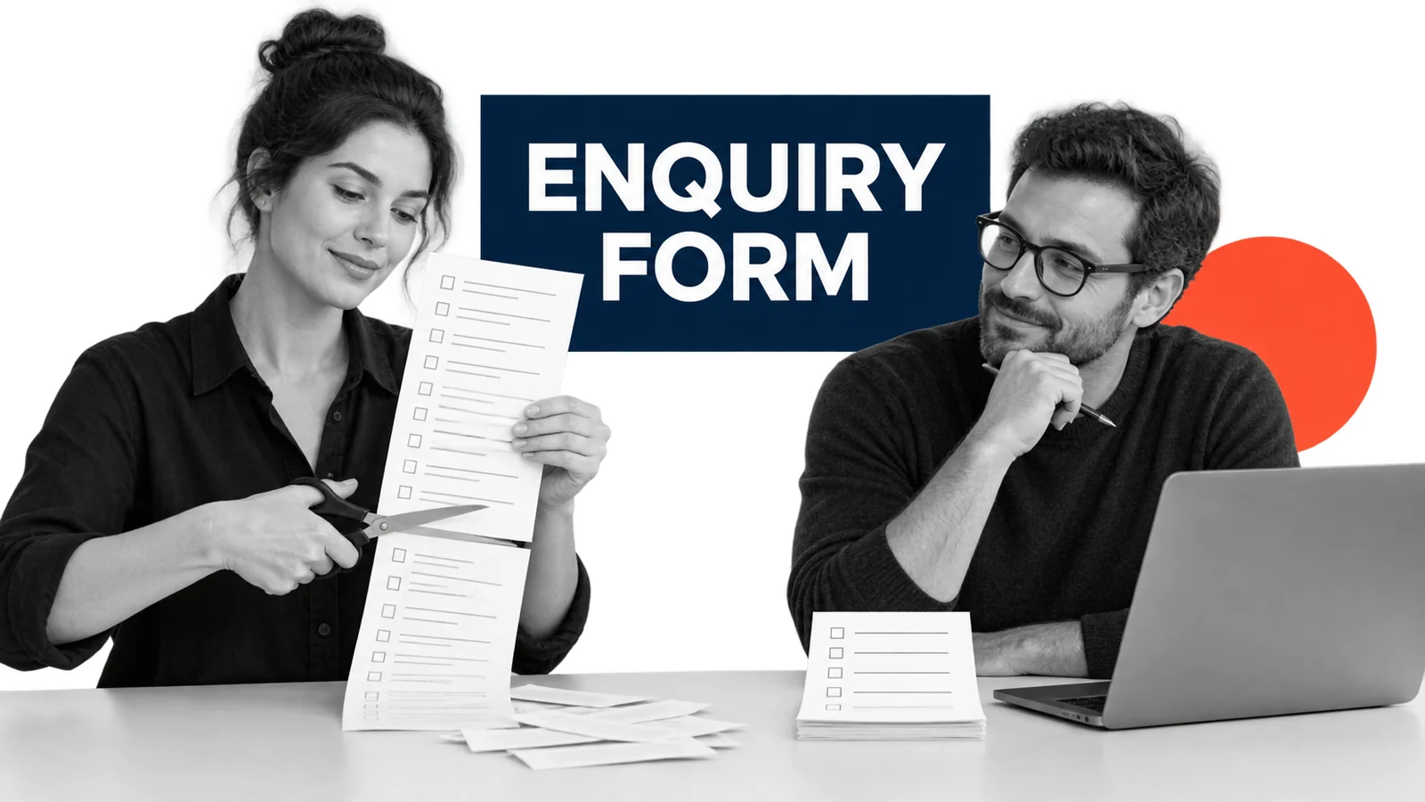 Fictional small-business colleagues two colleagues reducing a long paper enquiry form to essential fields beside a laptop