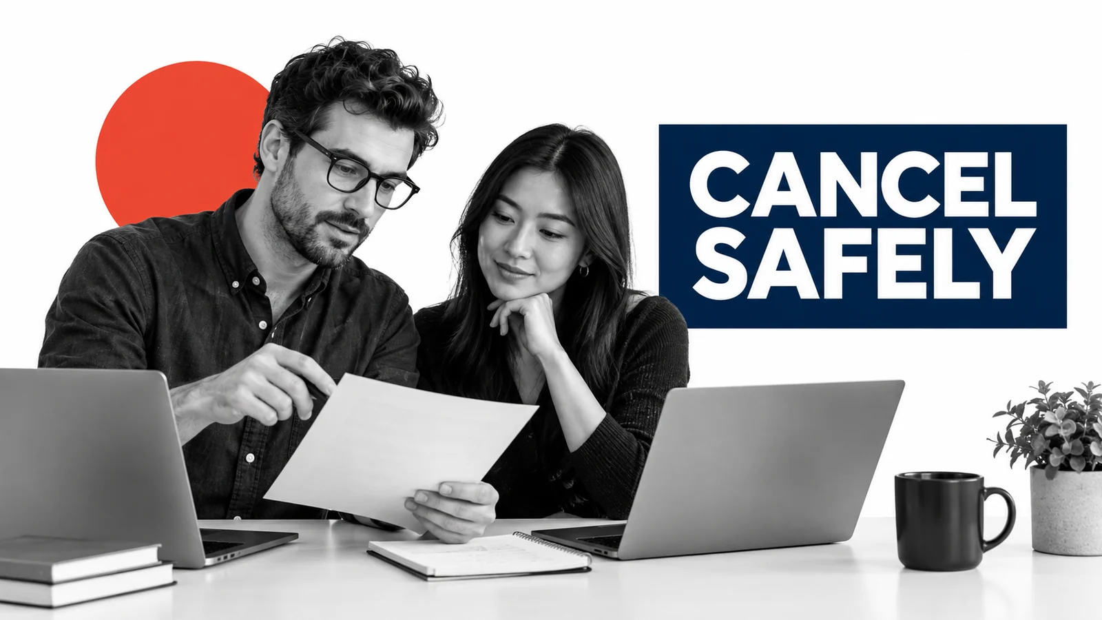 Fictional small-business colleagues two colleagues verifying final billing and data export against a cancellation checklist