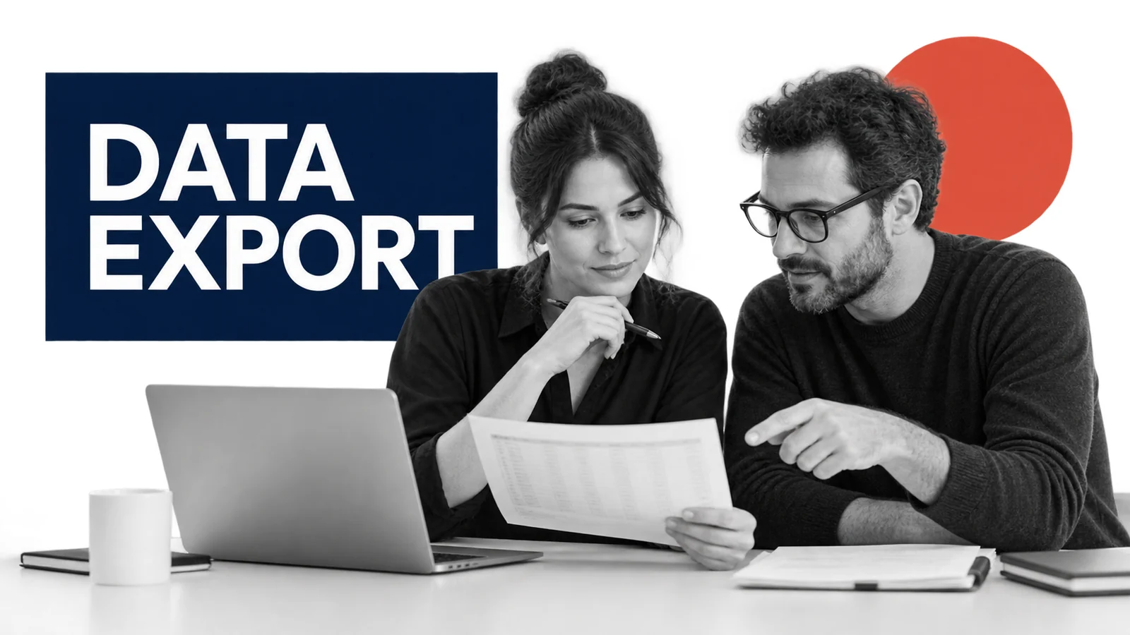 Fictional small-business colleagues two colleagues opening a generic data export and checking records and relationships against a list