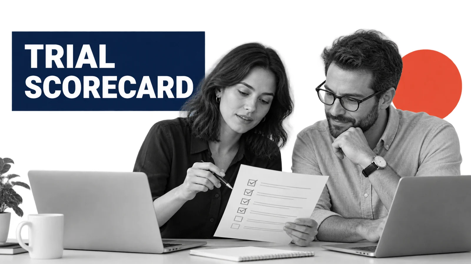 Fictional small-business colleagues two colleagues scoring a real work trial against a printed acceptance checklist