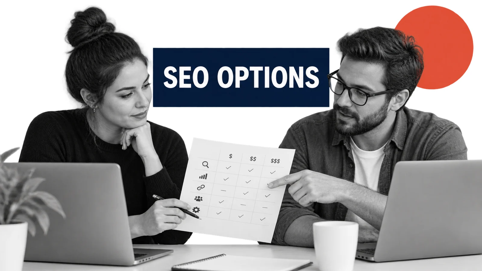 Fictional small-business colleagues two colleagues comparing research tasks and software costs on an SEO tool scorecard