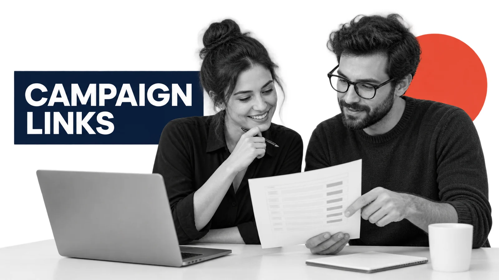 Fictional small-business colleagues two marketers checking consistent campaign labels in a simple printed link worksheet