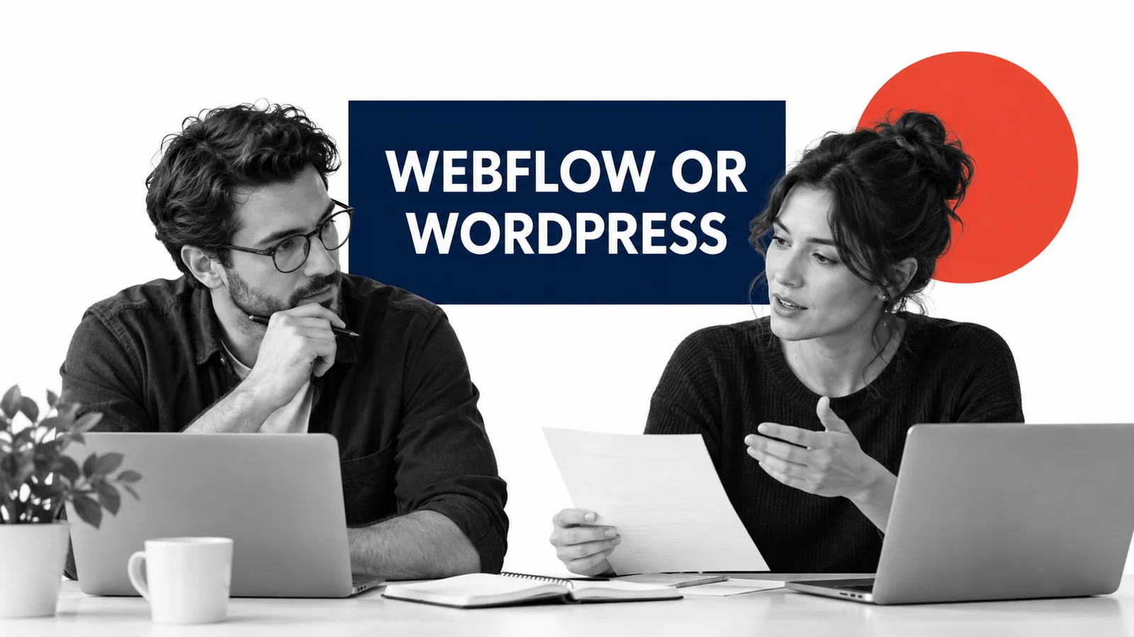 Fictional small-business colleagues two colleagues comparing design control and editorial upkeep for a small business site