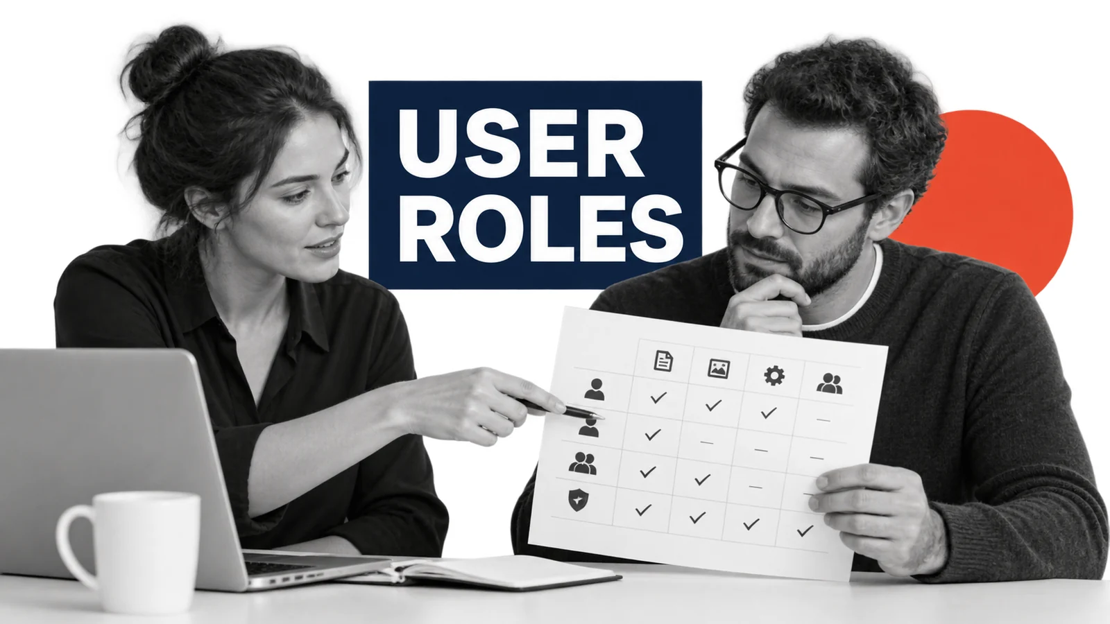 Fictional small-business colleagues two colleagues assigning least-privilege website editing roles on a generic access matrix